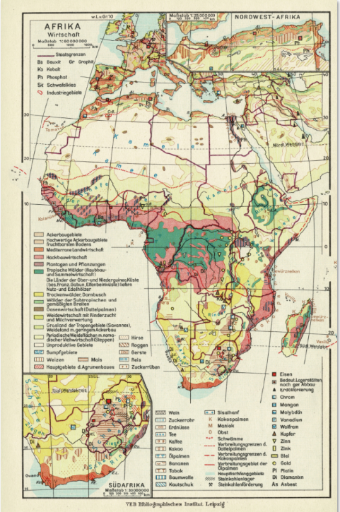 AFRIKA - German (DDR) map of colonial Africa circa 1950s, Economies