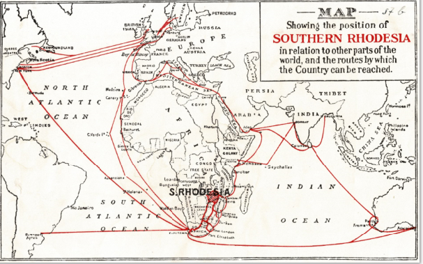 MAP Showing the position of SOUTHERN RHODESIA in relation to other parts of the world, and the routes by which the Country can be reached.02