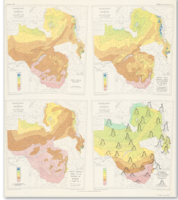  Rainfall map: Mean annual rainfall; Annual total rainfall likely to be reached or exceeded 1 year in 5; Annual rainfall likely to be reached or exceeded 4 years in 5; Variability of rainfall. All 1:5,000,000. [196-]. 